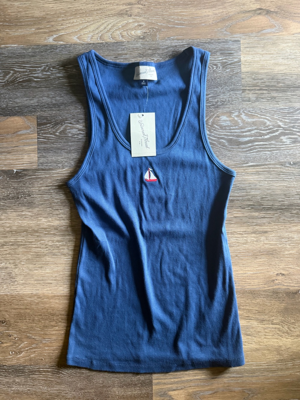 Universal Thread Blue Ribbed Tank with Sailboat Embroidery
